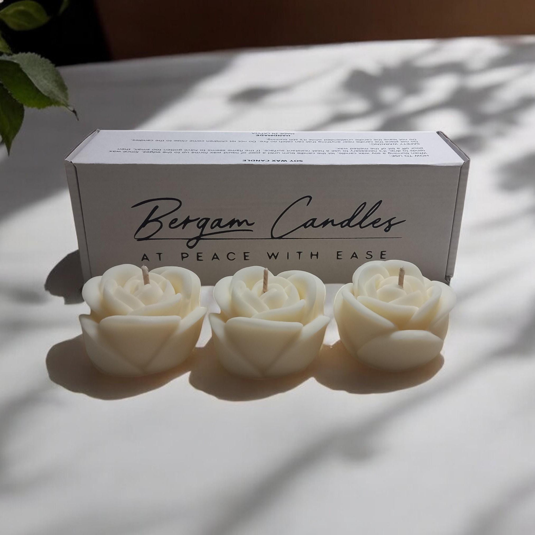 3x Small Rose Pillar Candles Set | Migraine - Safe Soy Coconut Beeswax | Clean Burn Romantic Gift 180g - Bergam Candles