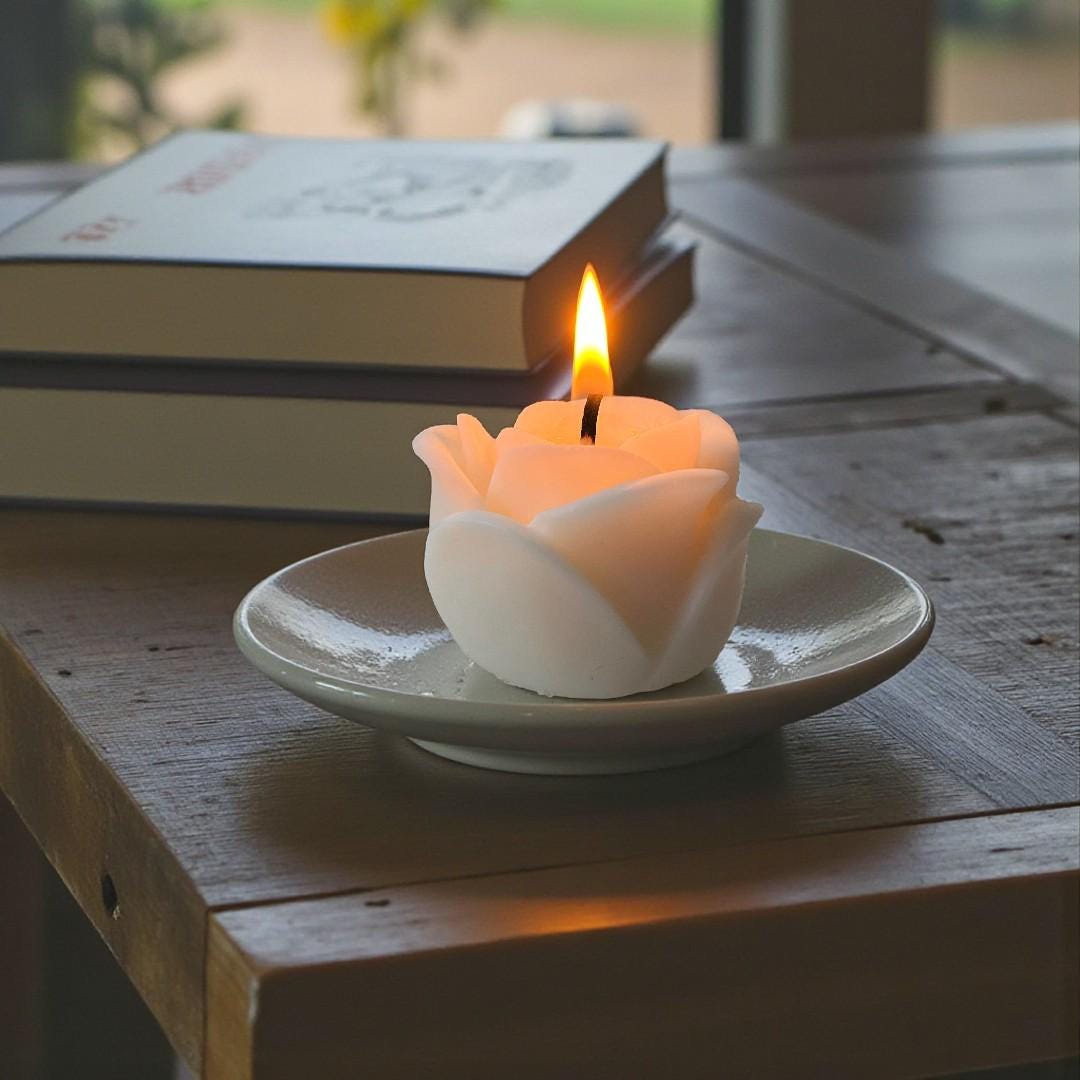 3x Small Rose Pillar Candles Set | Migraine - Safe Soy Coconut Beeswax | Clean Burn Romantic Gift 180g - Bergam Candles