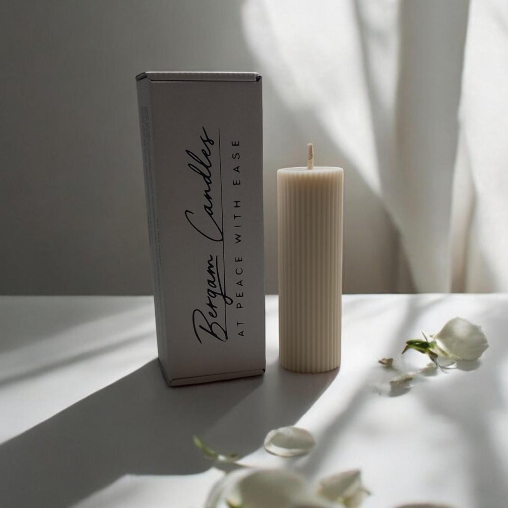 Ribbed Pillar Column Candle | Migraine - Safe Natural Wax Tall 10cm/15cm | Soy Unscented or Beeswax Honey Aroma - Bergam Candles
