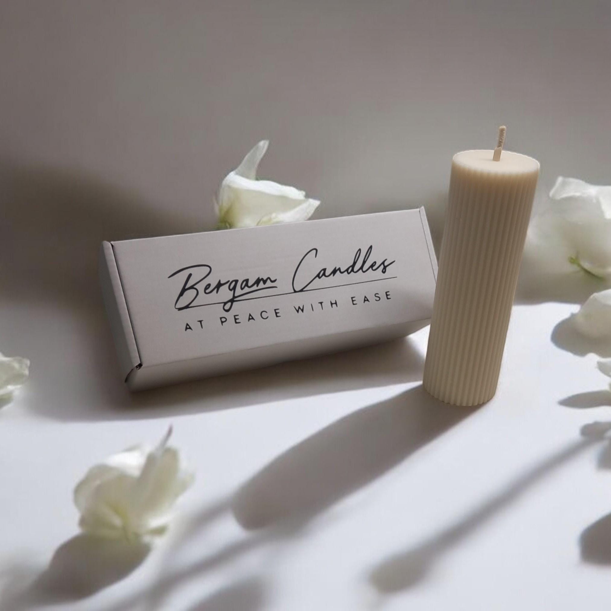 Ribbed Pillar Column Candle | Migraine - Safe Natural Wax Tall 10cm/15cm | Soy Unscented or Beeswax Honey Aroma - Bergam Candles