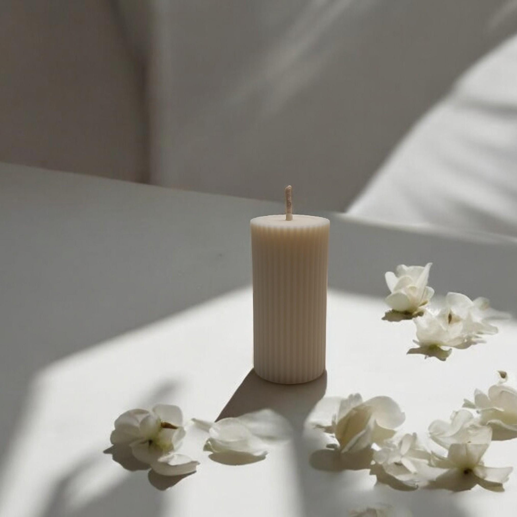 Ribbed Pillar Column Candle | Migraine - Safe Natural Wax Tall 10cm/15cm | Soy Unscented or Beeswax Honey Aroma - Bergam Candles