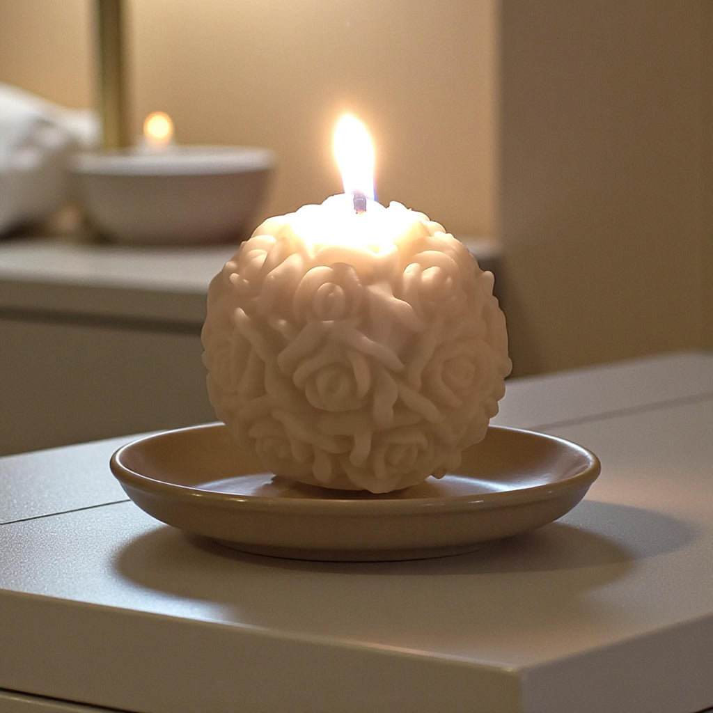 Rose Ball Candle | Migraine - Safe Soy Wax Ball Pillar 180g | ~23h Burn Natural Unscented - Bergam Candles