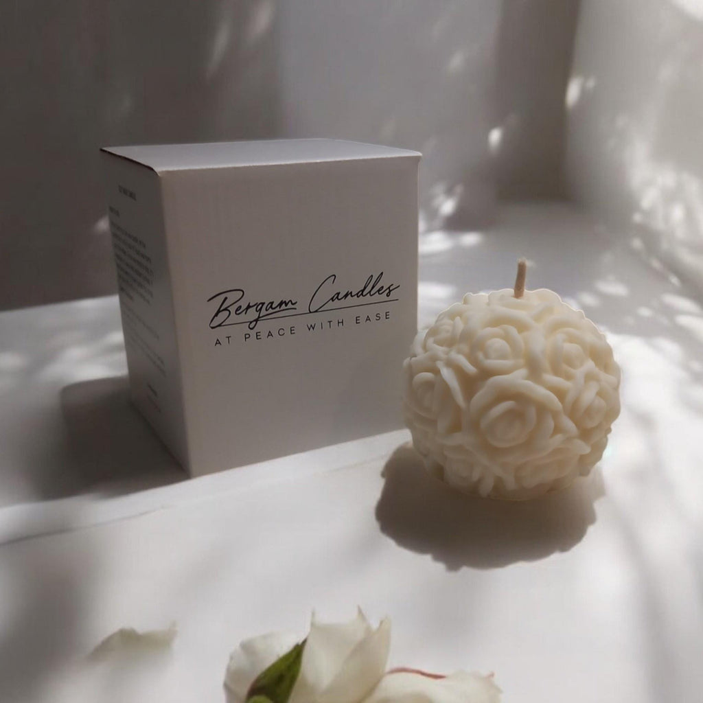 Rose Ball Candle | Migraine - Safe Soy Wax Ball Pillar 180g | ~23h Burn Natural Unscented - Bergam Candles