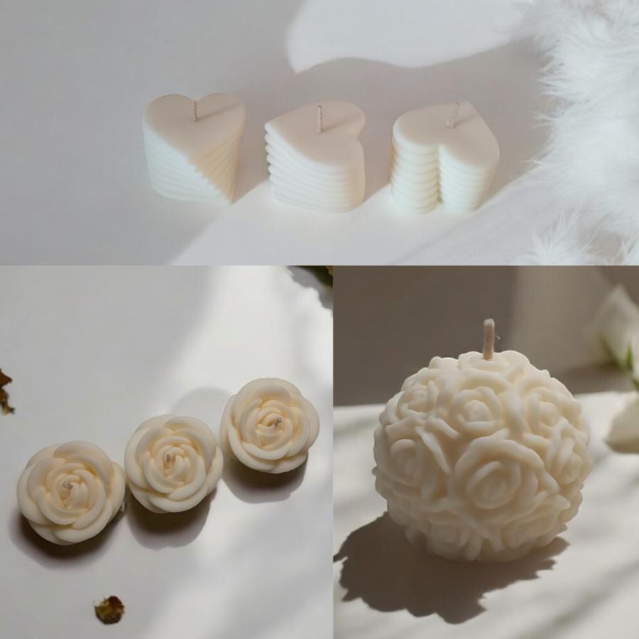 Unscented Natural Wax Candle Bundle | Romantic Rose Heart Gift Set 7pc (570g, 35h) - Bergam Candles